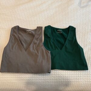 Garage Women's Ribbed V-Neck Crop Tops - Gray and Green